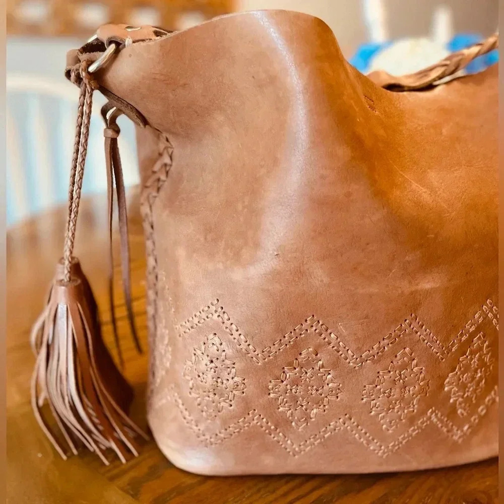 Isabella Fiore Vintage Hobo Cognac Leather Tassle Braided Stitching Detailed Bag